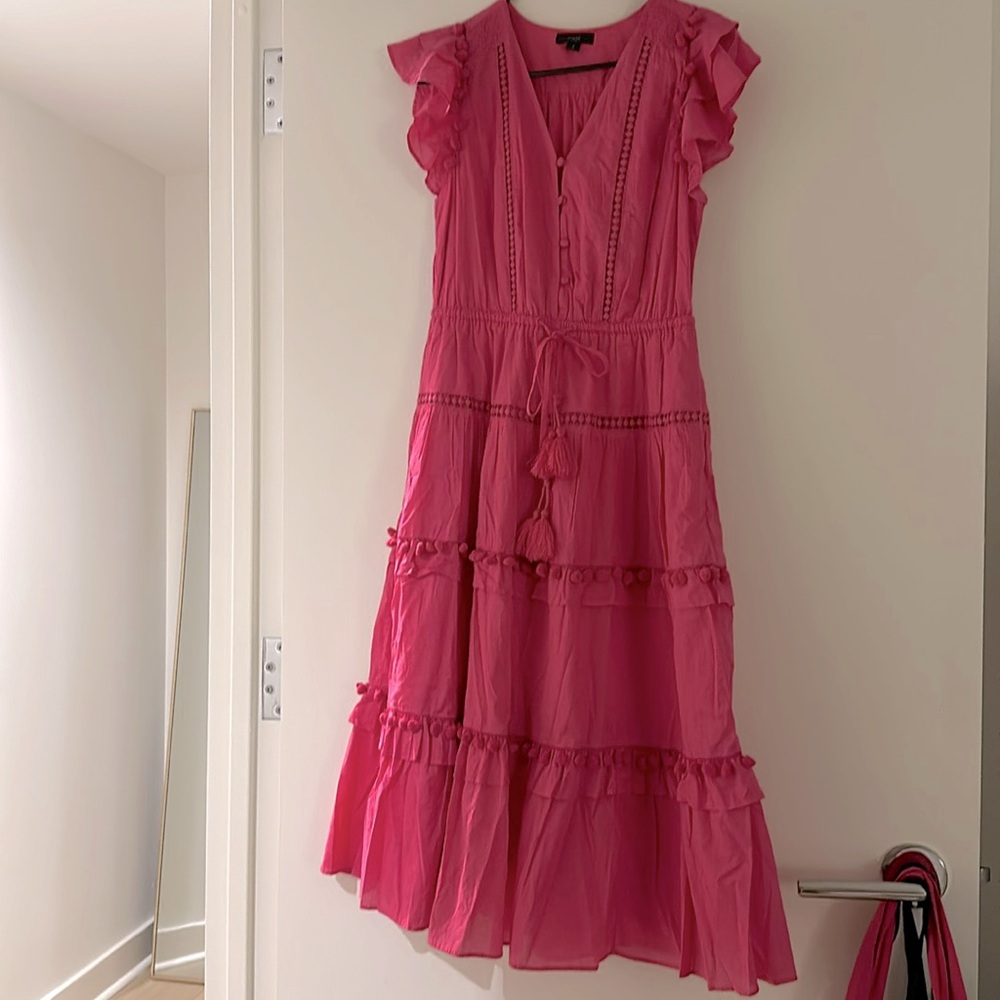JCrew pink summer dress with pom poms